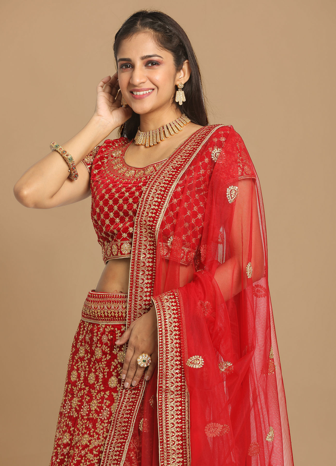Mohey Women Red Zari Embroidered Bridal Lehenga