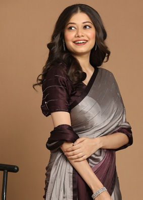 Partywear Wine And Grey Saree image number 2