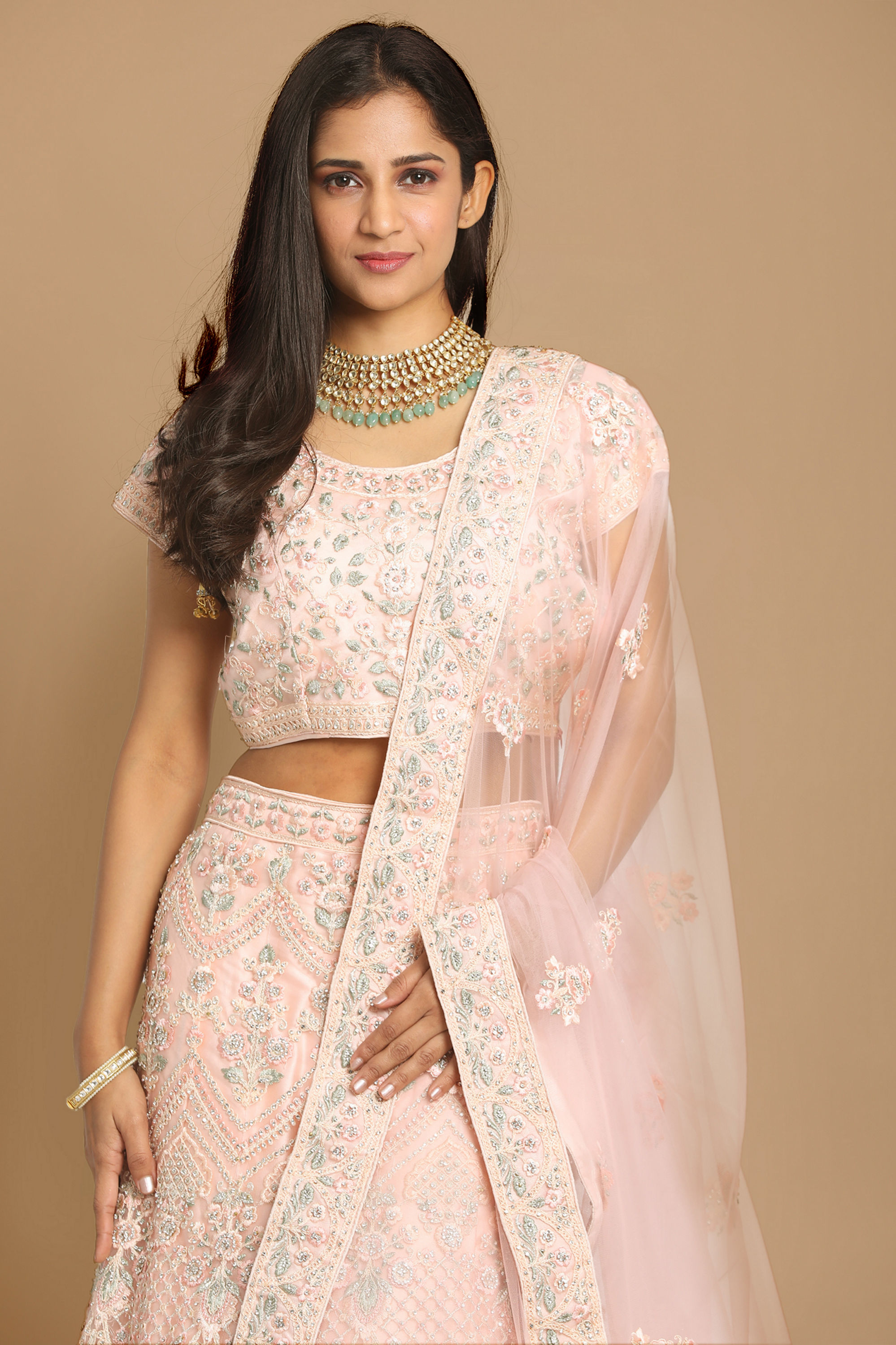 Mohey Women Detailed Pink Bridal Lehenga