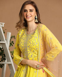 Mohey Women Bright Yellow Fusion Lehenga