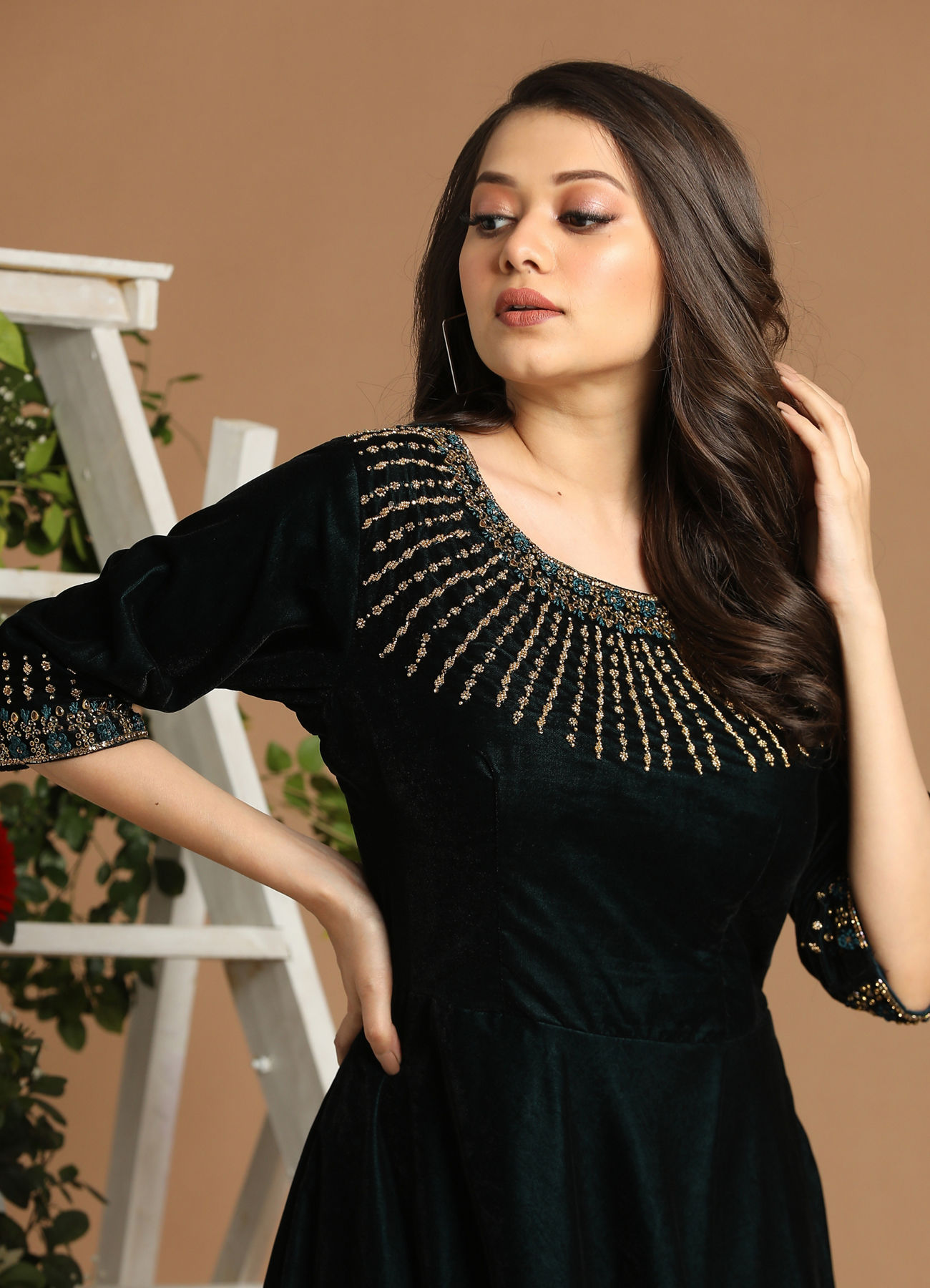 Mohey Women Velvet Bottle Green Gown