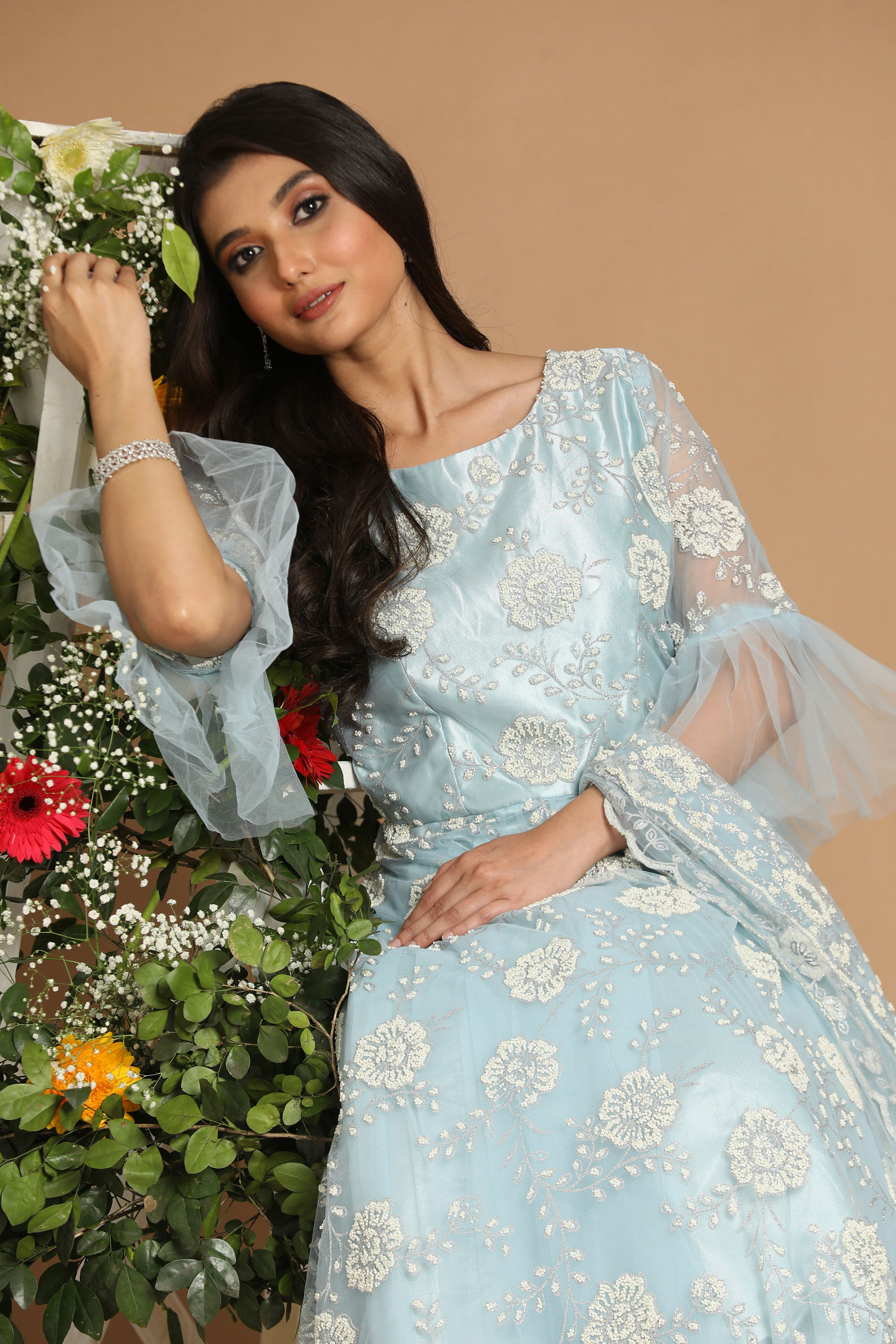 Mohey Women Light Blue Net Gown