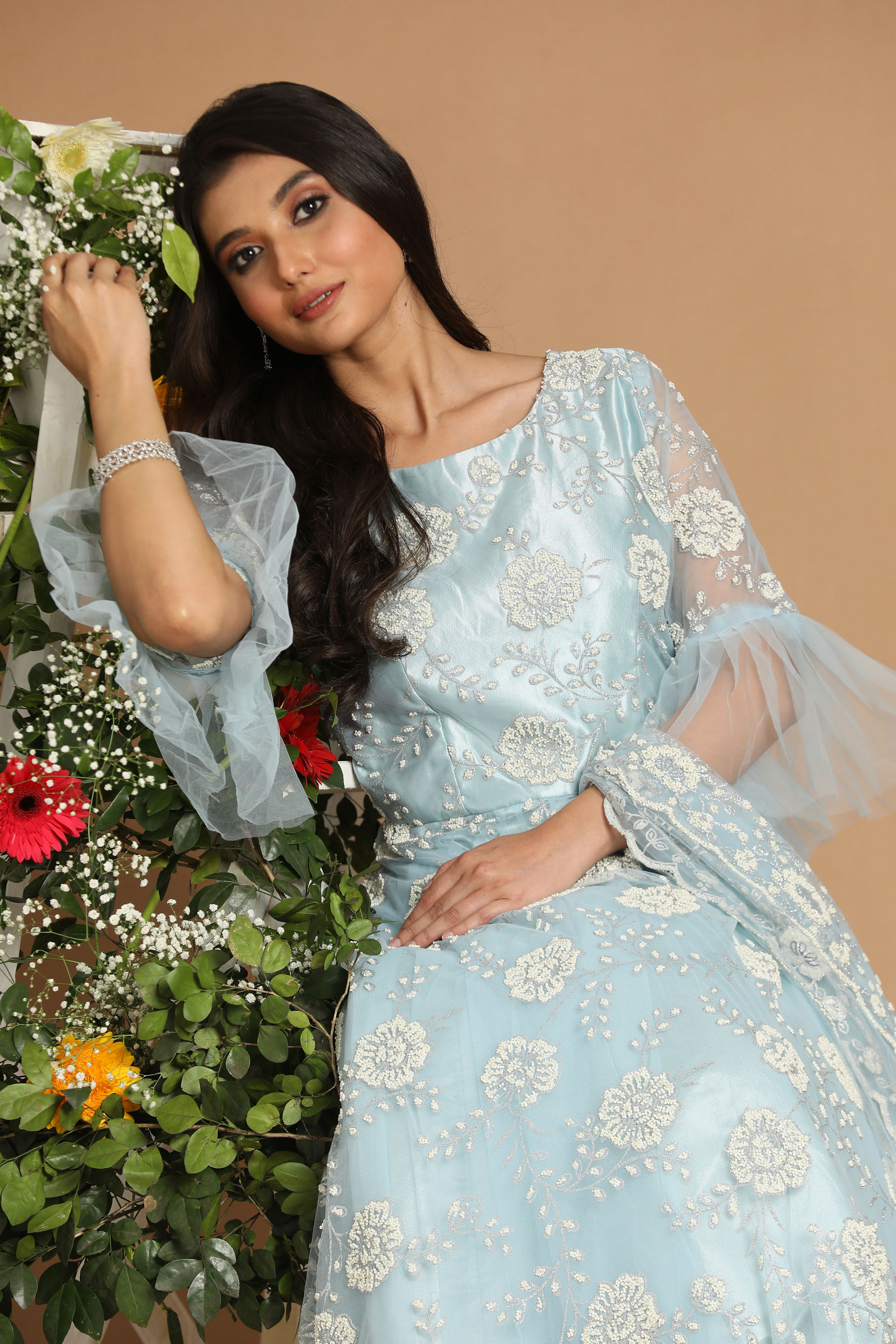 Buy Light Blue Net Gown Online in the USA @Mohey