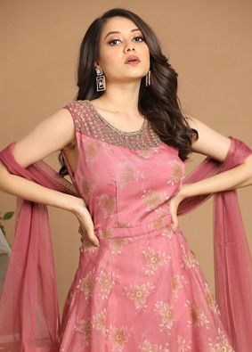Mohey Women Pink Organza Stitched Suit