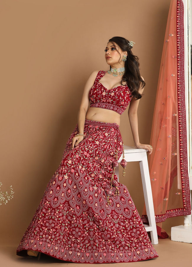 Mohey Women Georgette Wine Red Lehenga