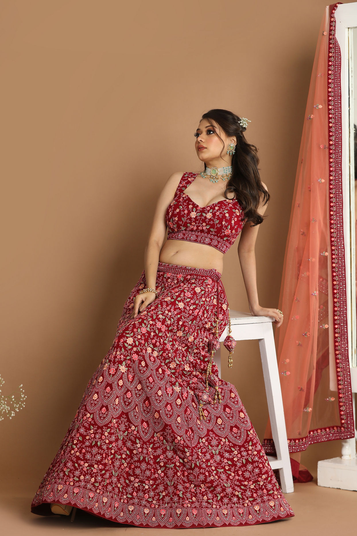Mohey Women Georgette Wine Red Lehenga