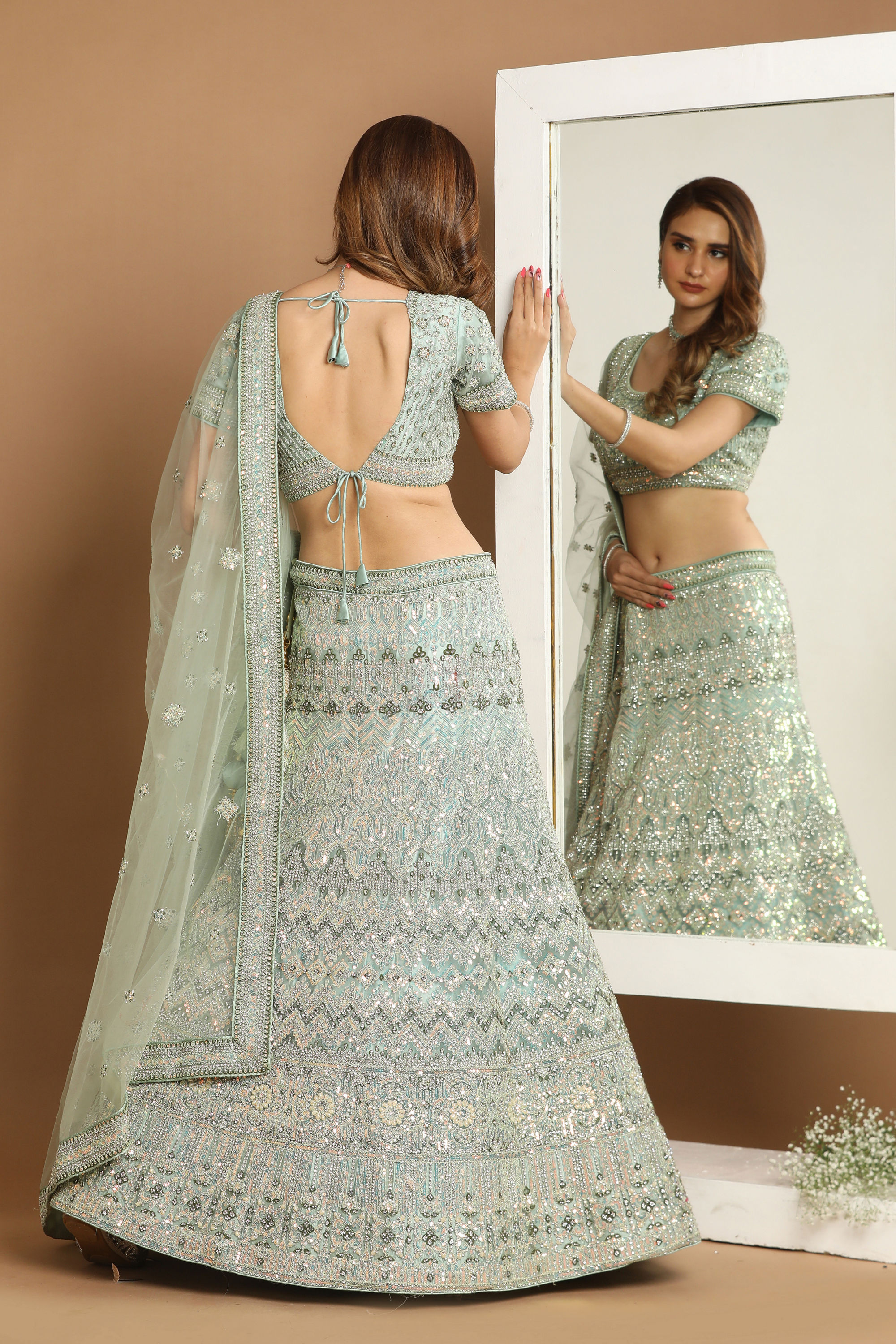 Mohey Women Charming Light Green Bridal Lehenga