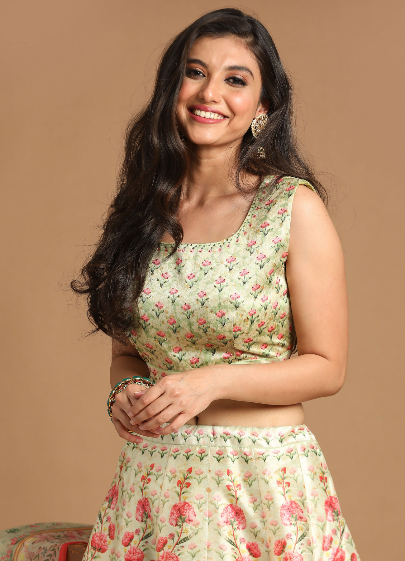 Mohey Women Glimmery Green Floral Print Lehenga