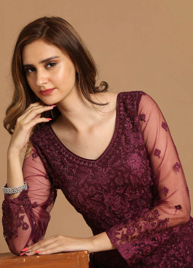 Mohey Women Dazzling Wine Party Wear Gown