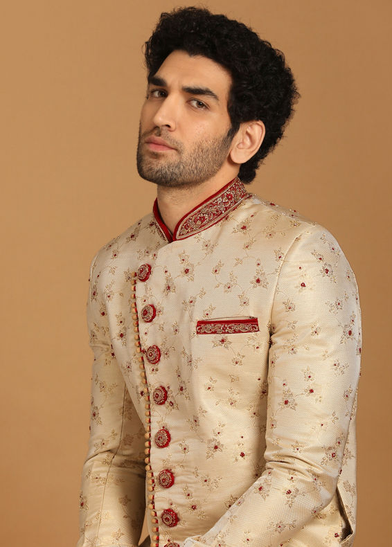 Manyavar Men Contemporary Biscuit Color Sherwani