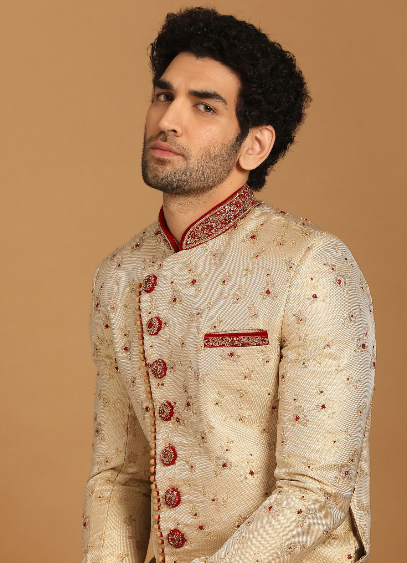 Manyavar Men Contemporary Biscuit Color Sherwani