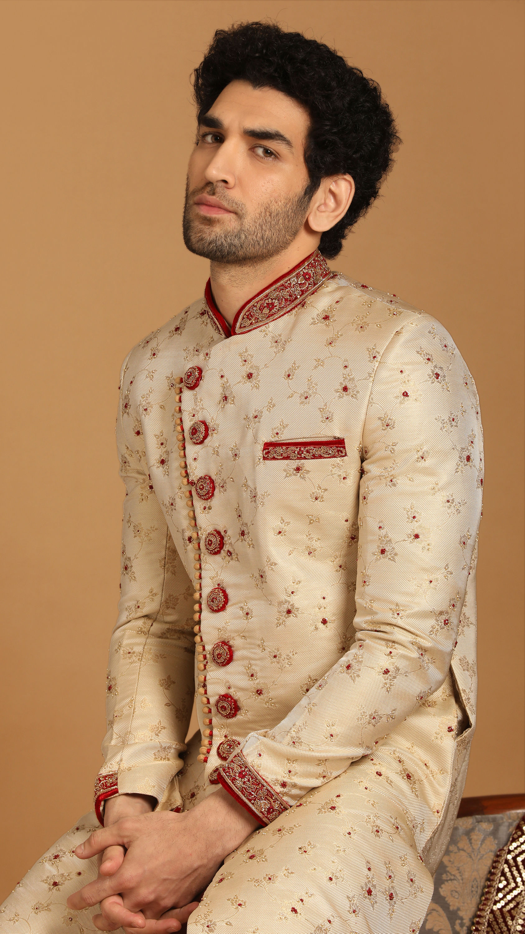 Manyavar Men Contemporary Biscuit Color Sherwani