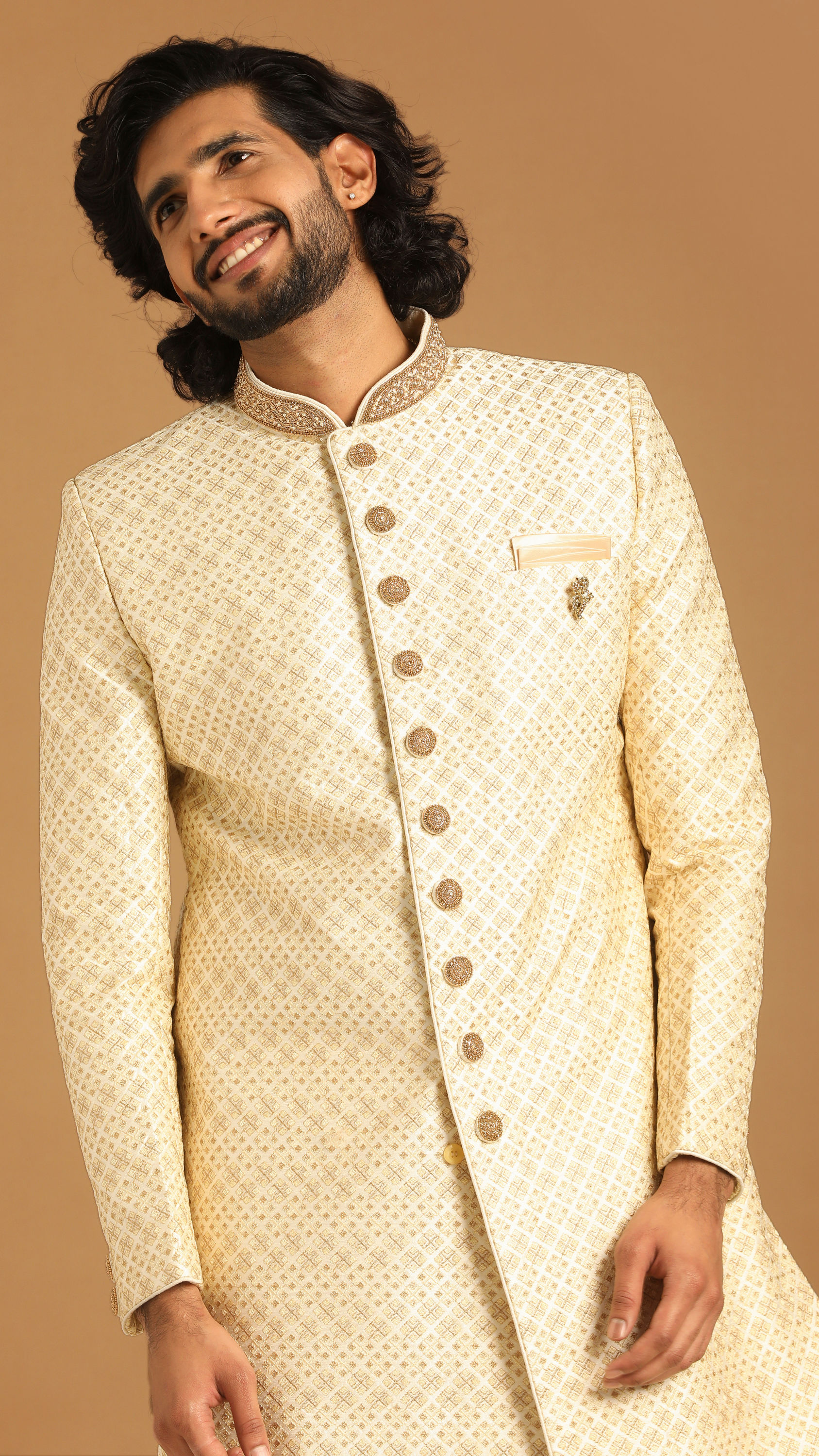 Manyavar Men Luxe Cream Color Sherwani