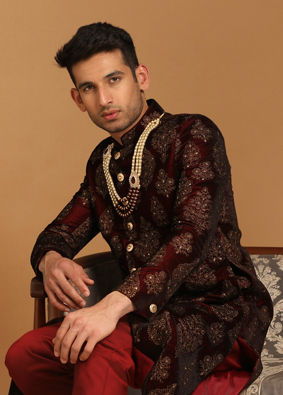 alt message - Manyavar Men Elegant Maroon Velvet Sherwani image number 0