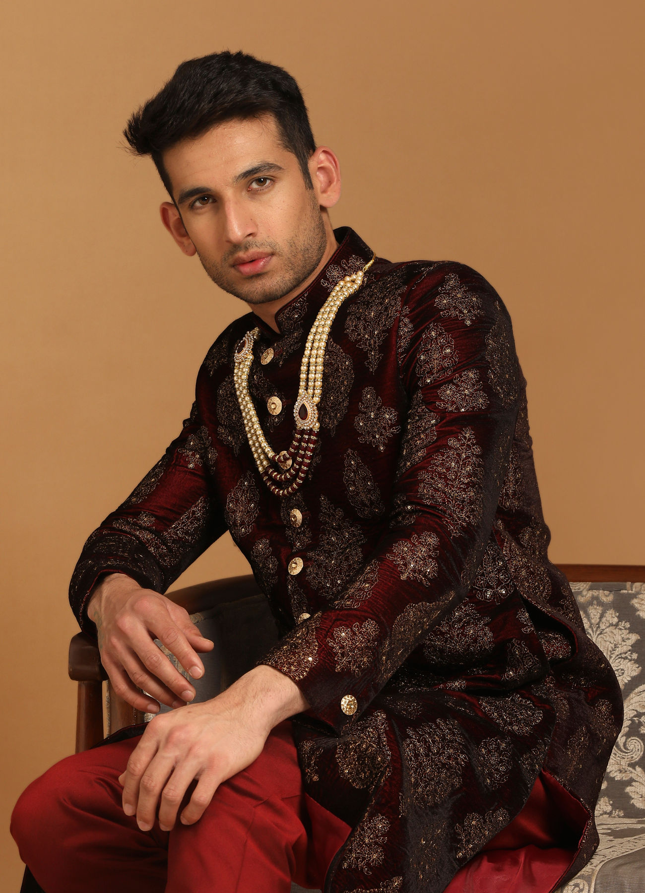 Manyavar Men Elegant Maroon Velvet Sherwani
