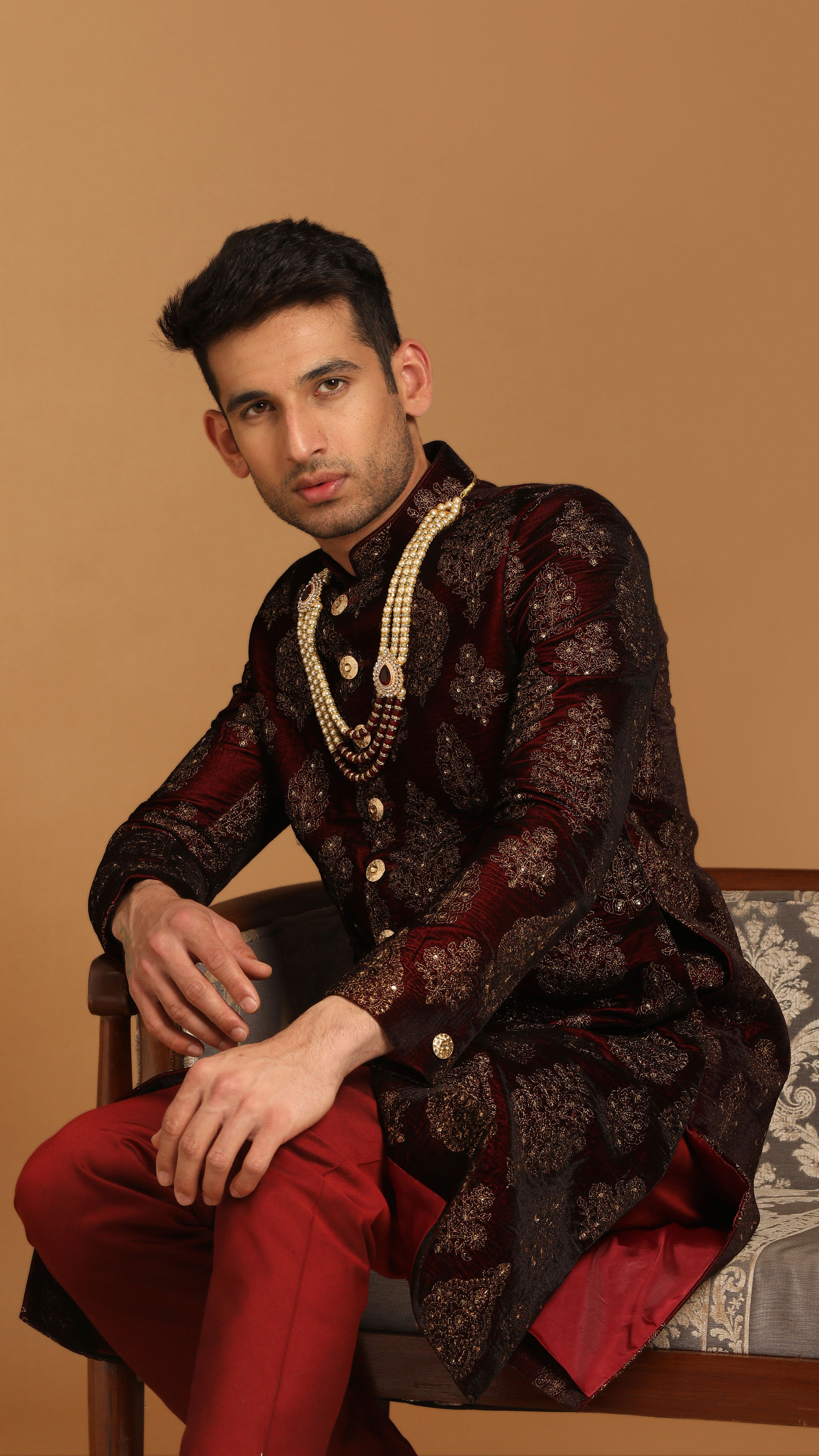 Manyavar Men Elegant Maroon Velvet Sherwani