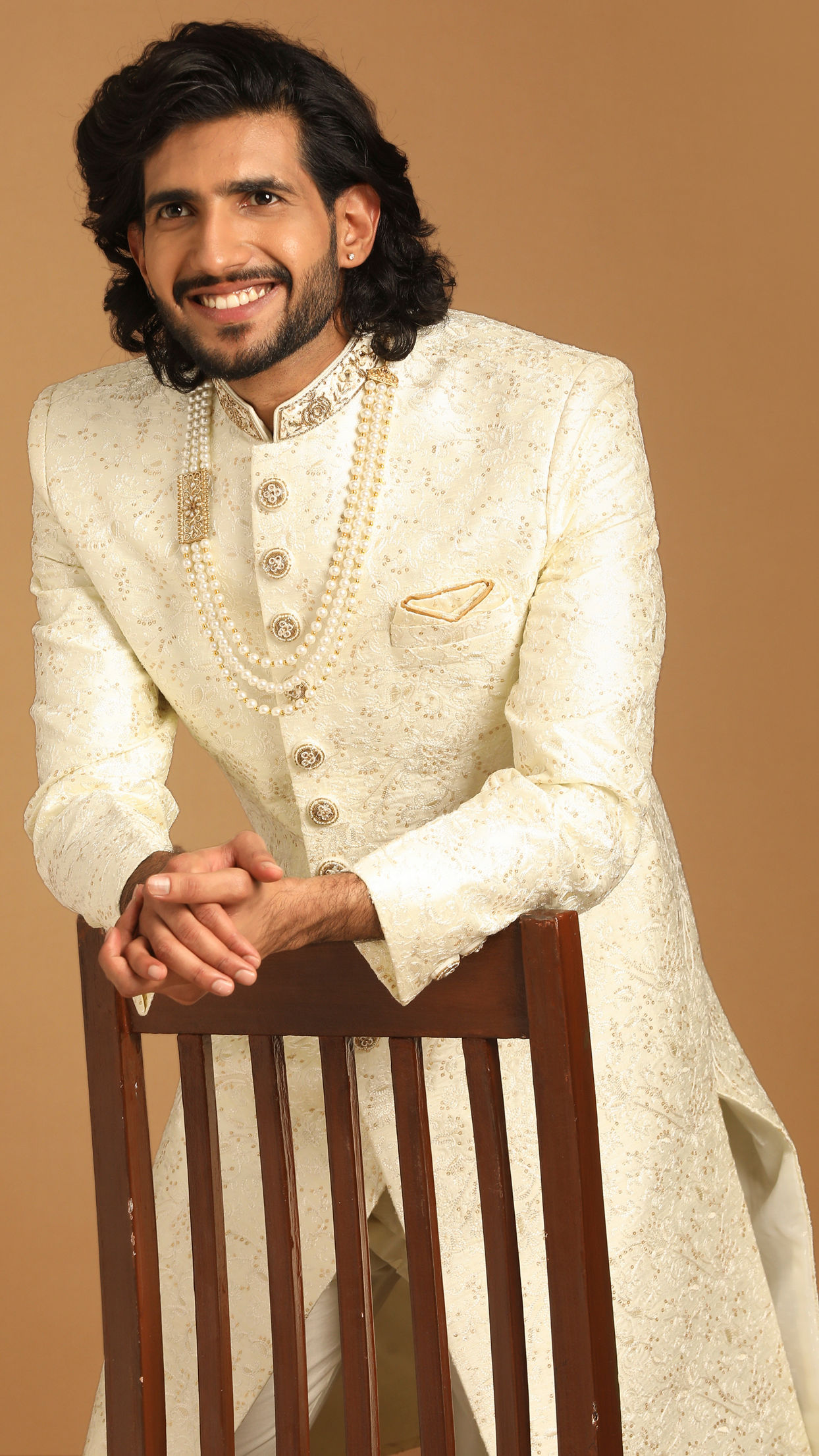 Warm White Sober Patterned Sherwani Set image number 0