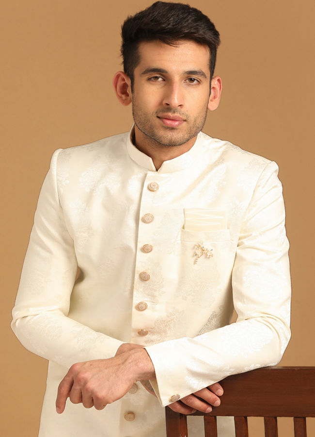 alt message - Manyavar Men Charming Off White Indian Sherwani image number 0