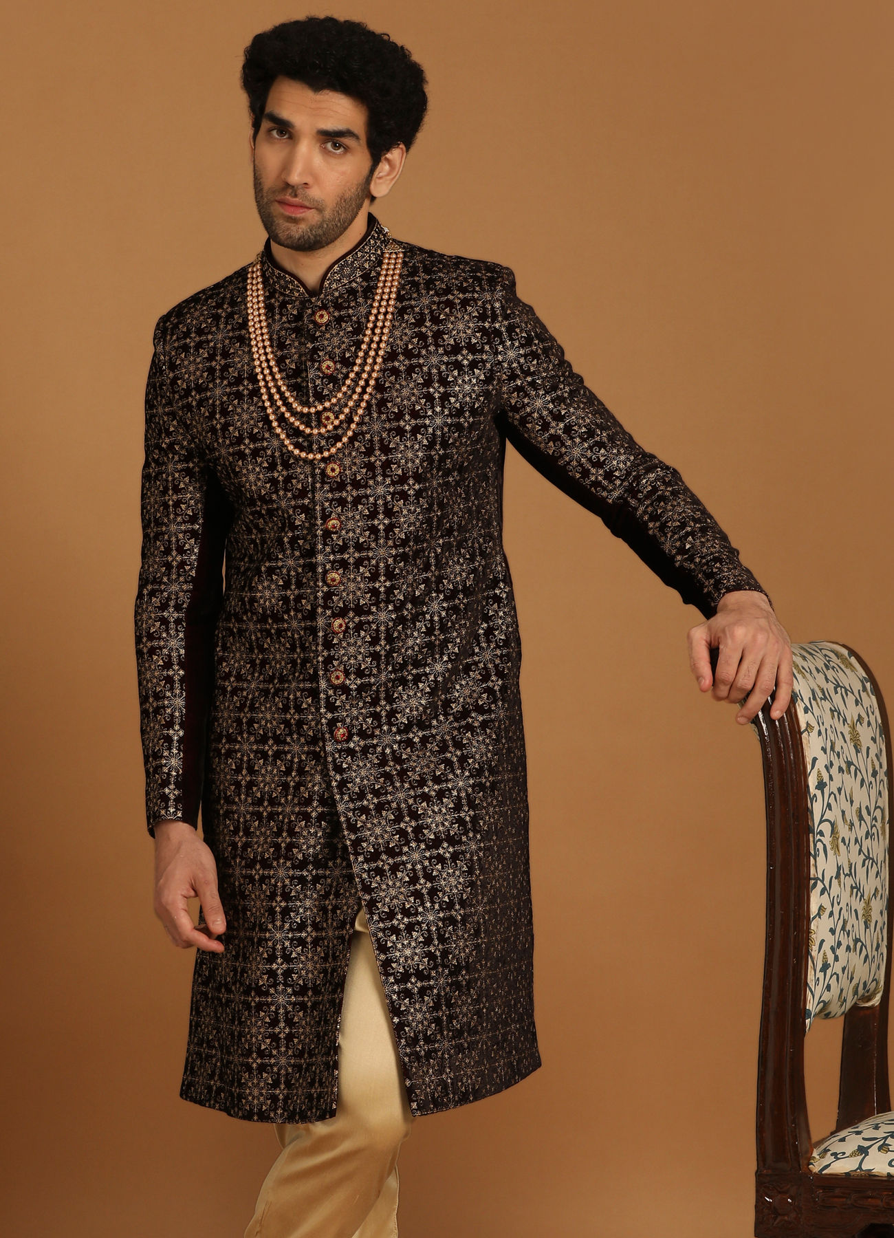 Manyavar Men Regal Velvet Maroon Sherwani Set