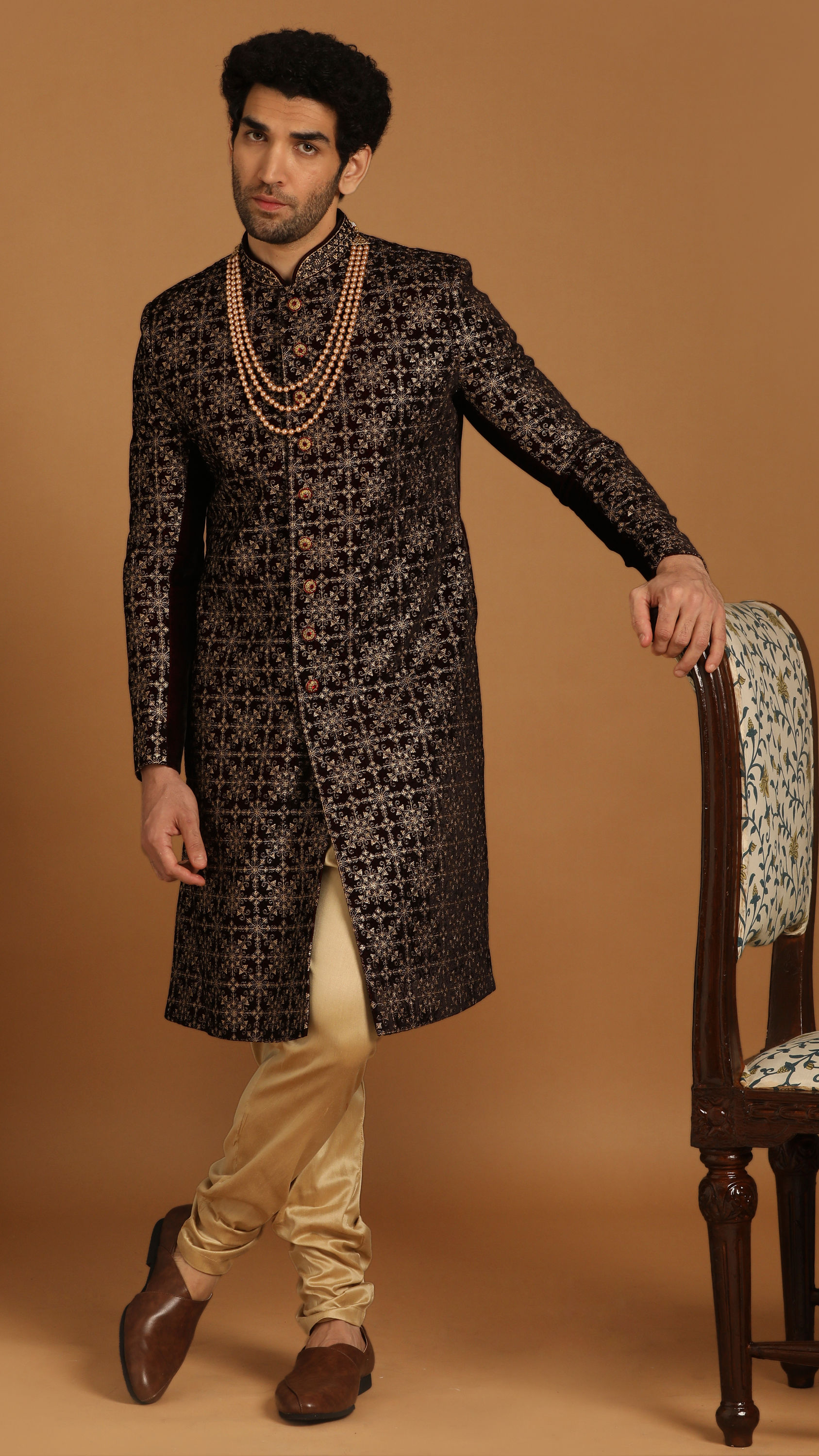 Manyavar Men Regal Velvet Maroon Sherwani Set