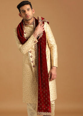 alt message - Manyavar Men Minimalist Light Beige Sherwani image number 1