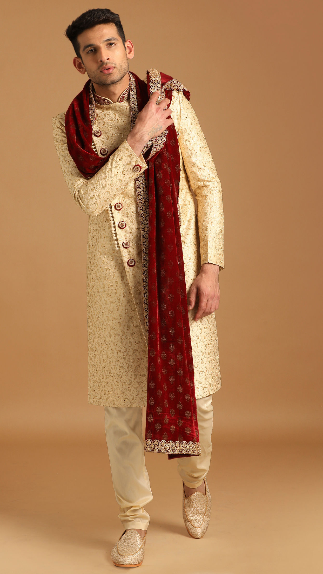 Manyavar Men Minimalist Light Beige Sherwani