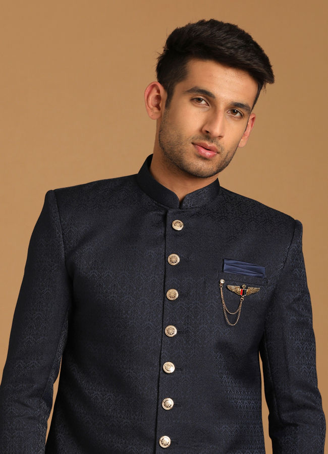 alt message - Manyavar Men Achkan Style Blue Indo Western image number 0