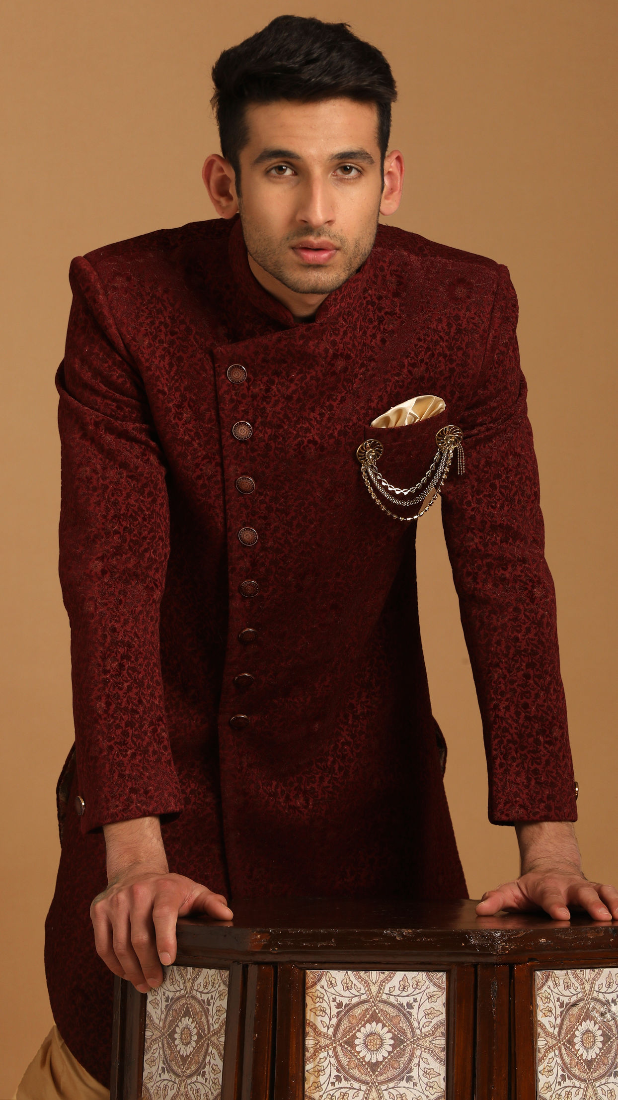 alt message - Manyavar Men Suave Maroon Indo Western Set image number 0