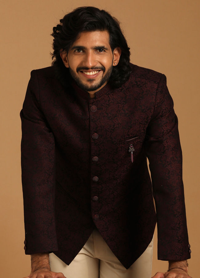 alt message - Manyavar Men Attractive Maroon Indo Western image number 0