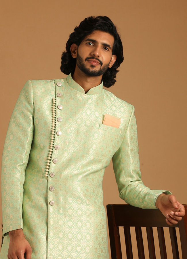 alt message - Manyavar Men Playful Green Indo Western Set image number 0