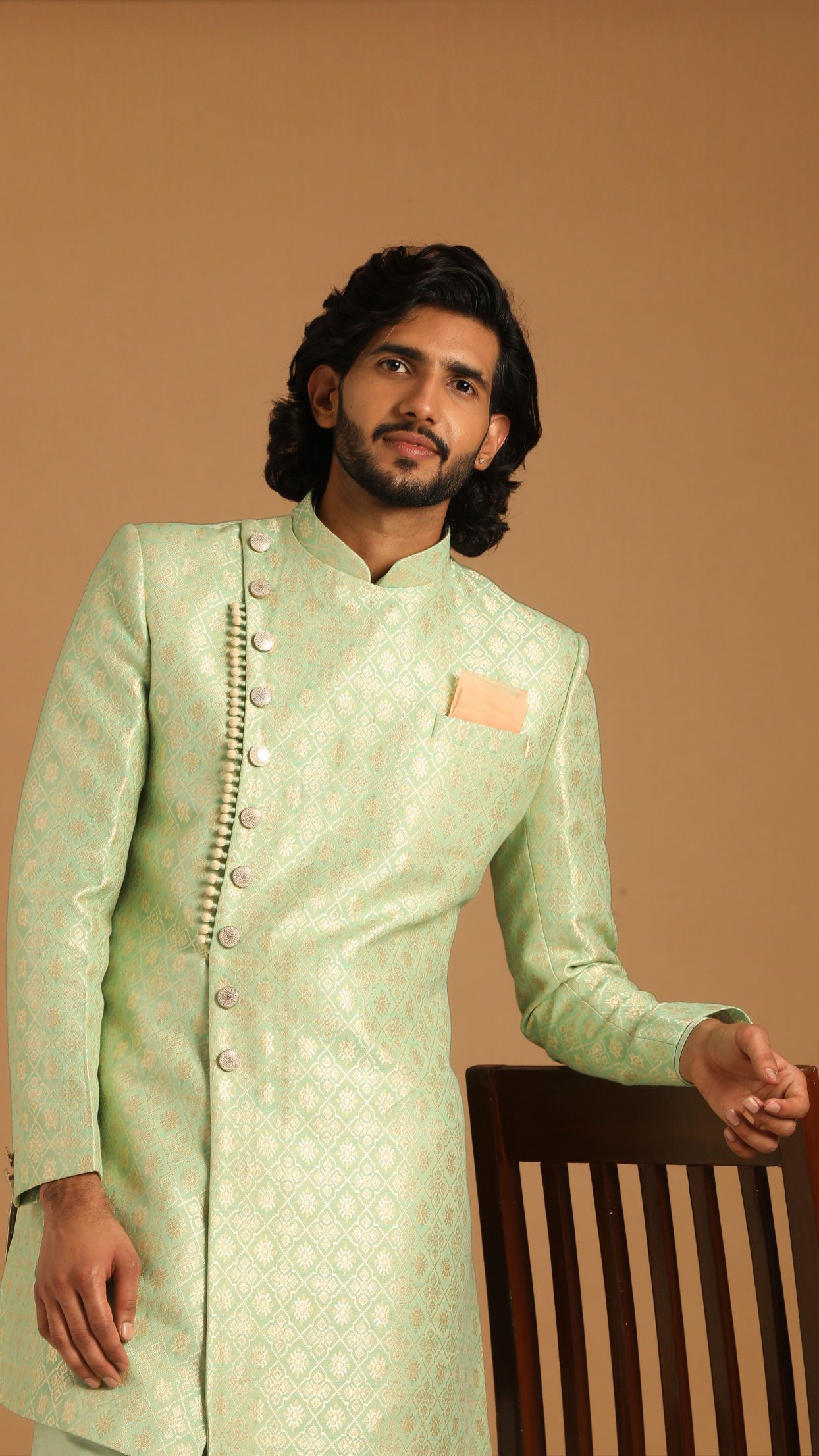 alt message - Manyavar Men Playful Green Indo Western Set image number 0