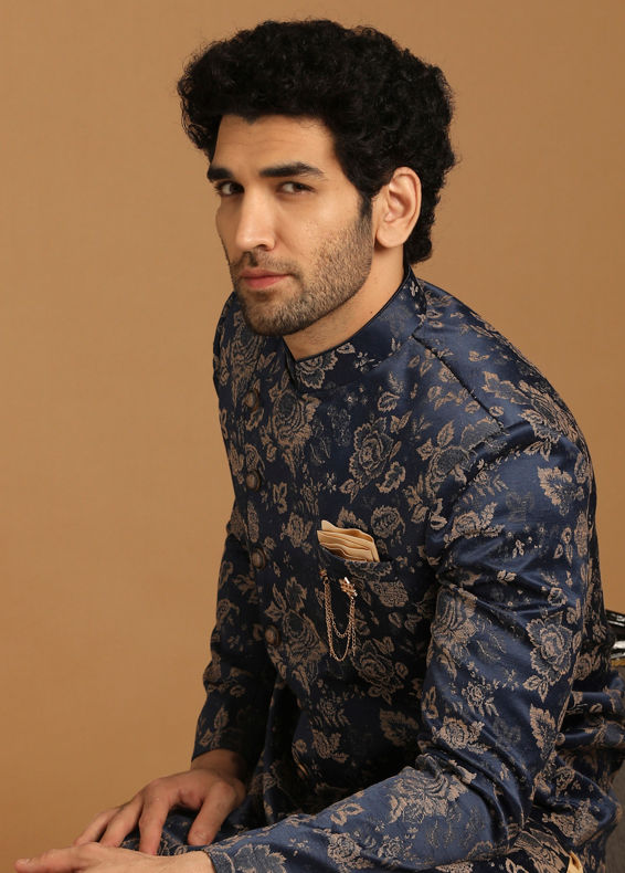 Manyavar Men Elegant Dark Blue Indo Western