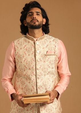 Cream And Gajaree Kurta Jacket Set image number 2