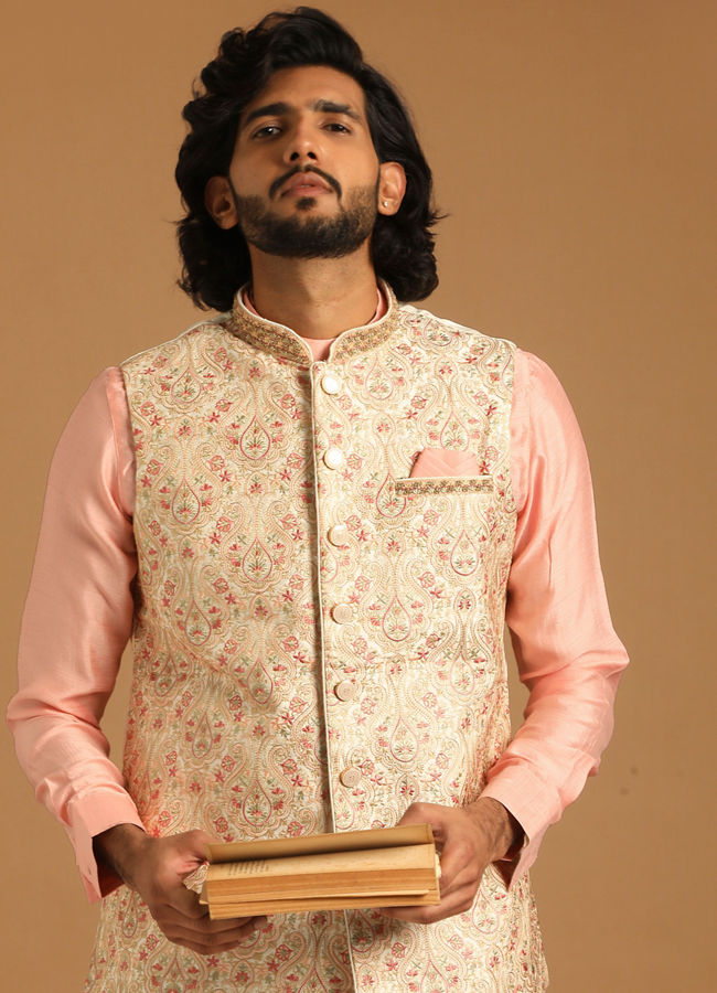 alt message - Manyavar Men Cream And Gajaree Kurta Jacket Set image number 0