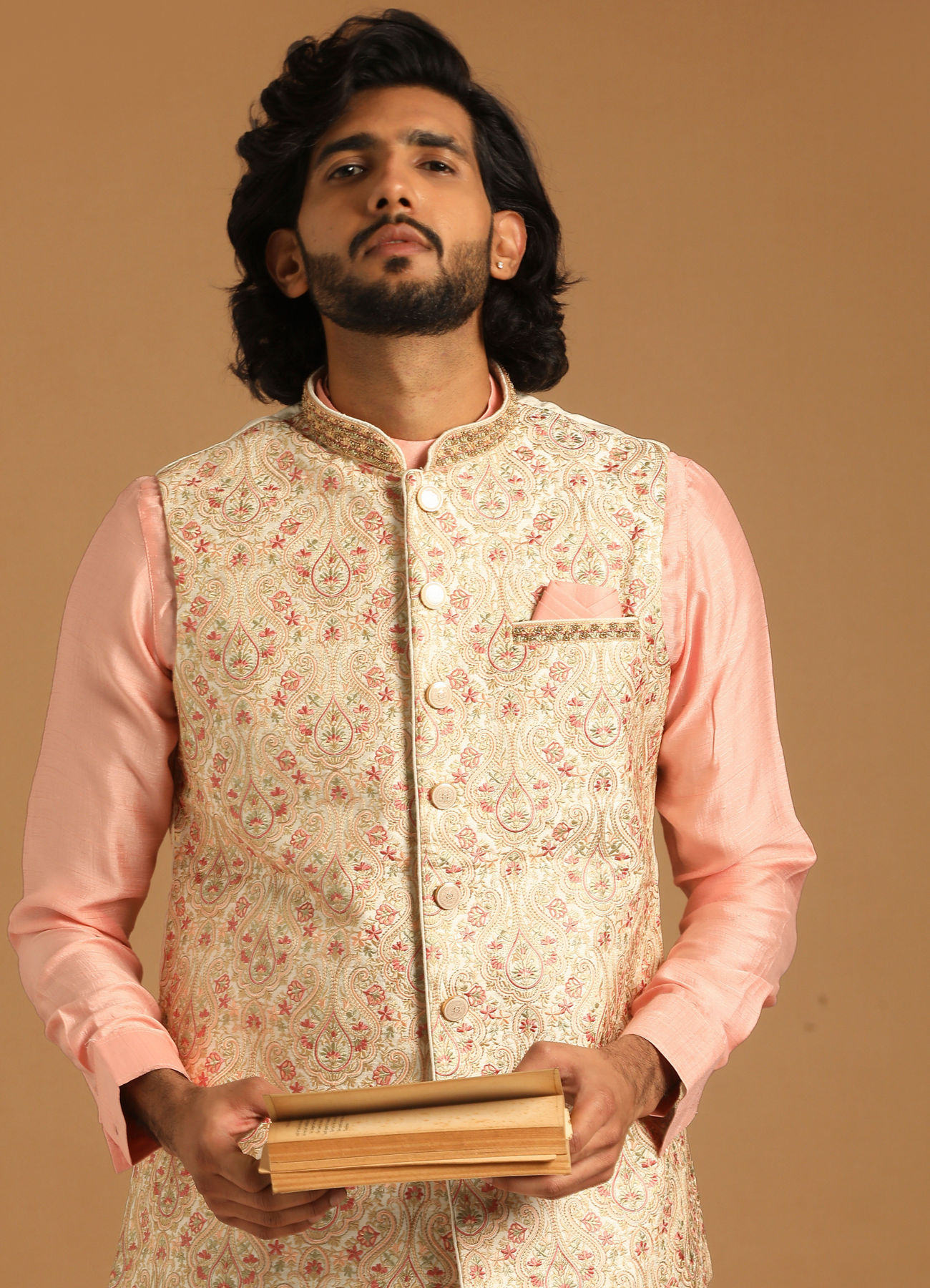 Manyavar Men Cream And Gajaree Kurta Jacket Set