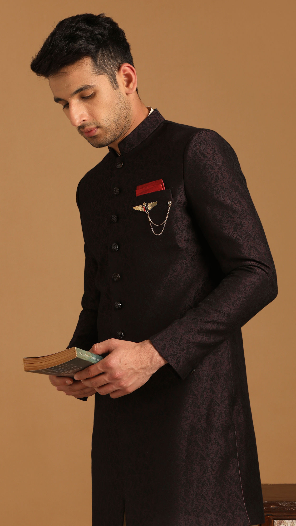 Manyavar Men Smart Fit Wine Indo Western