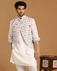 Manyavar Men Light Cream Floral Print Kurta Jacket Set