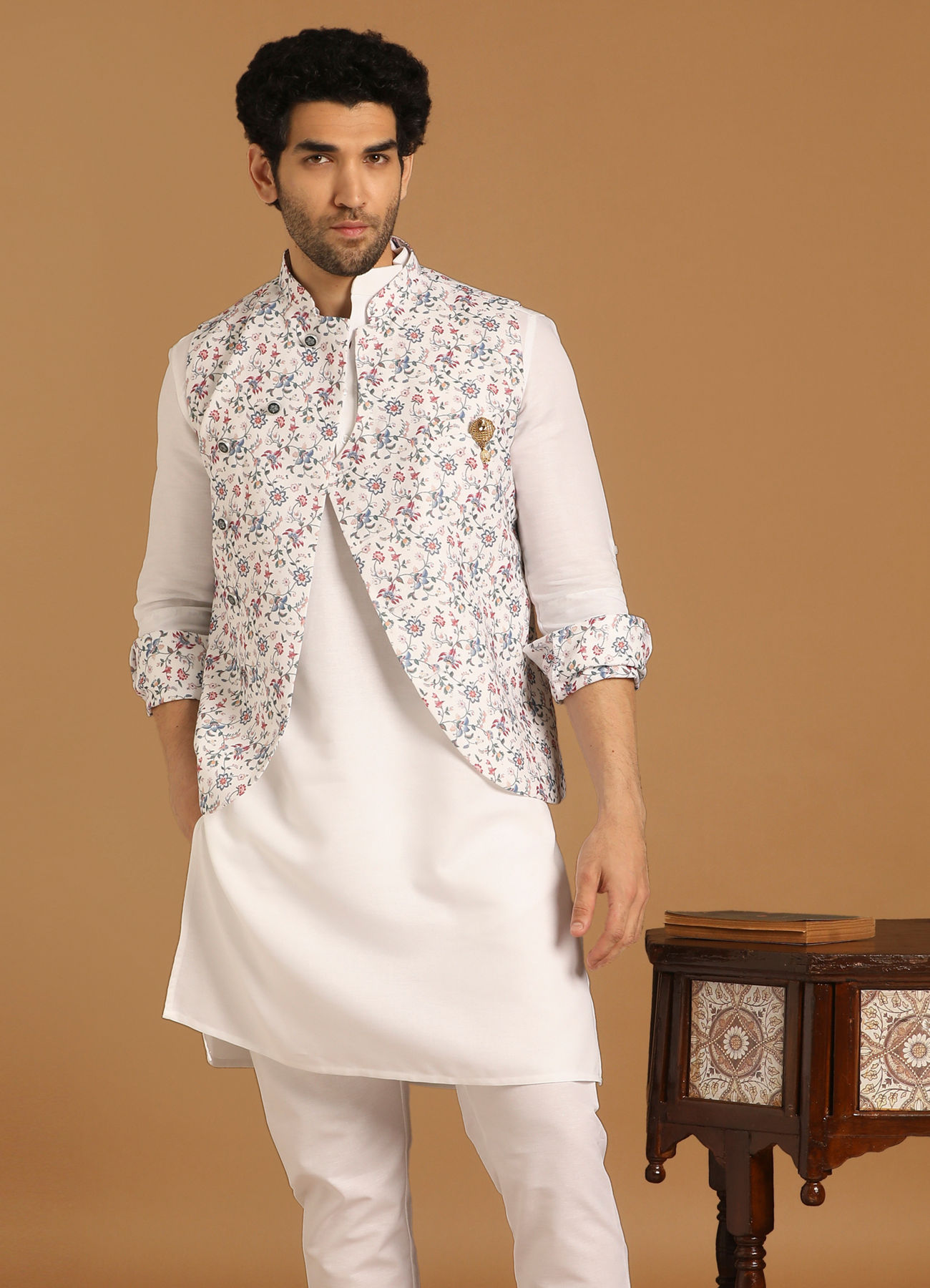 Manyavar Men Light Cream Floral Print Kurta Jacket Set