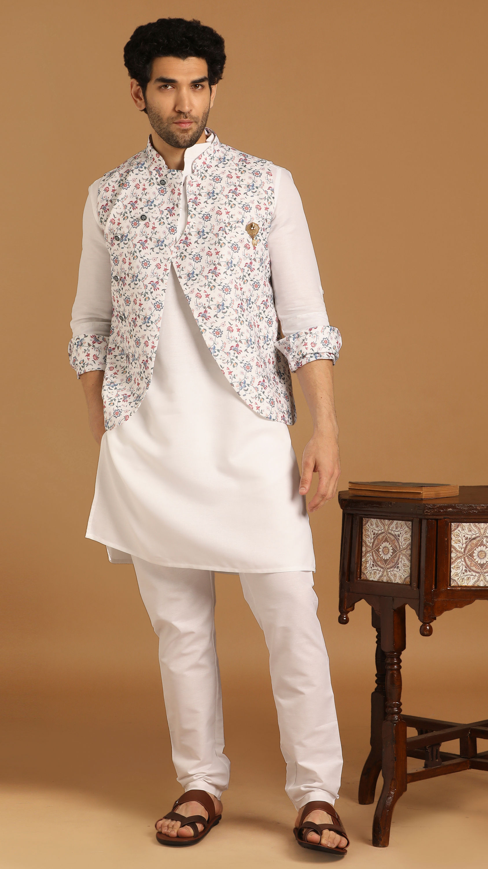 Manyavar Men Light Cream Floral Print Kurta Jacket Set