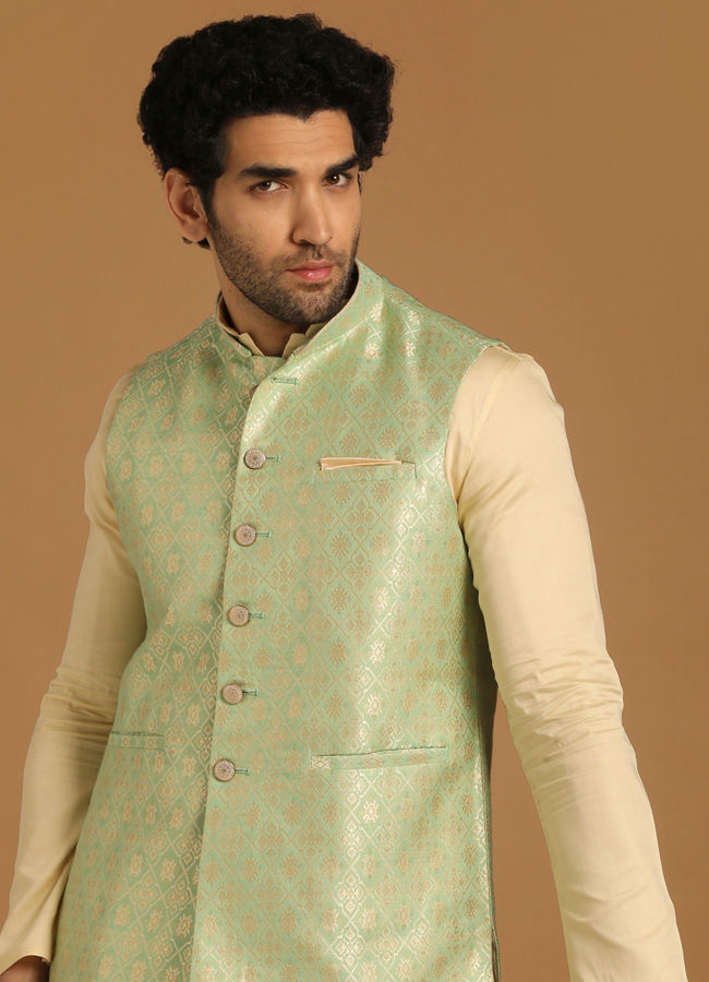 alt message - Manyavar Men Sea Green Celebration Wear Kurta Jacket With Golden Motifs image number 0