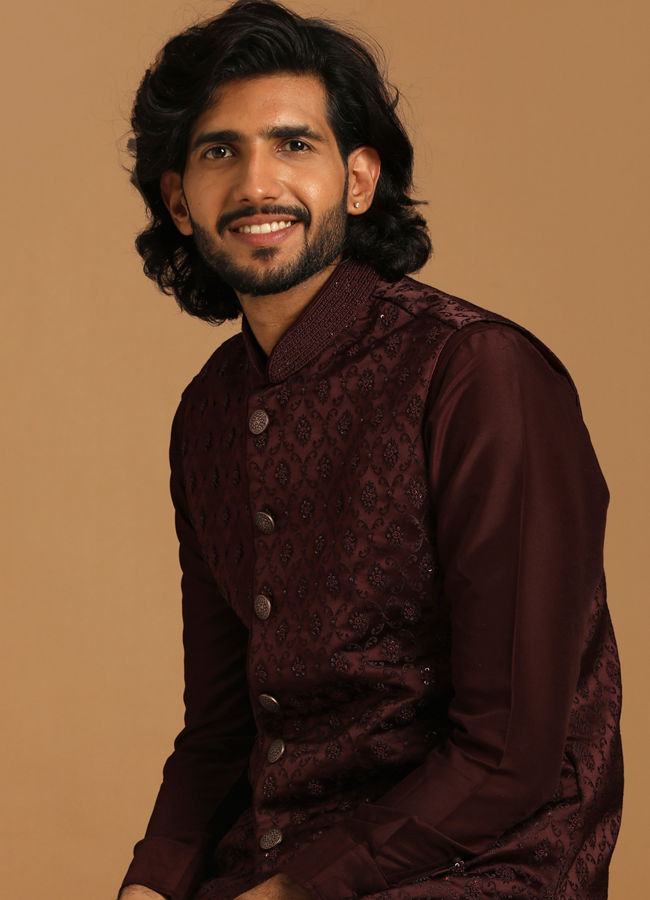 alt message - Manyavar Men Wine Self Design Kurta Jacket Set image number 0