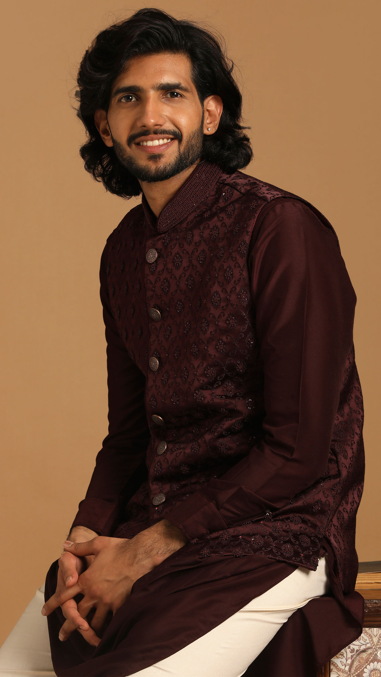 Manyavar Men Wine Self Design Kurta Jacket Set