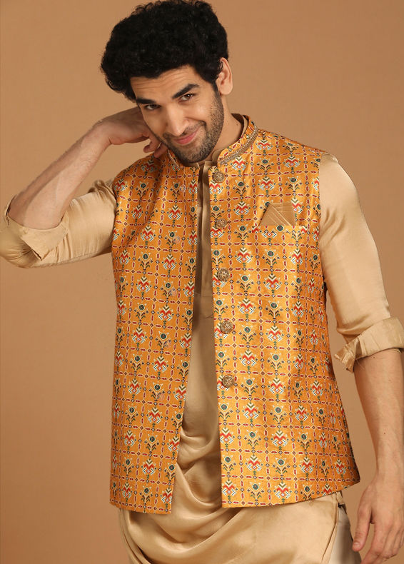 Manyavar Men Light Orange Kurta Jacket Set