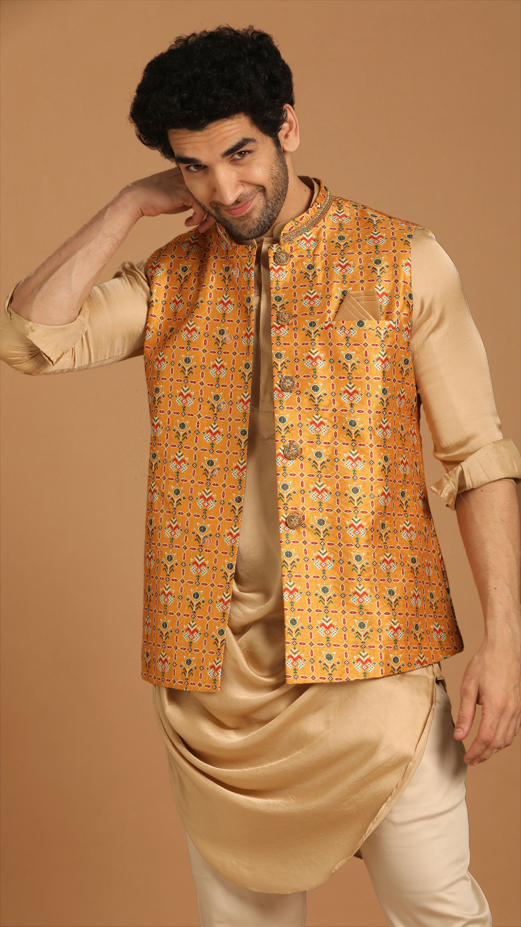 Manyavar Men Light Orange Kurta Jacket Set