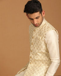 Manyavar Men Off White Embellished Festive Kurta Jacket Set