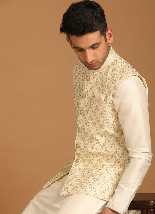 Off White Embellished Festive Kurta Jacket Set image number 0