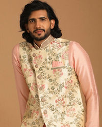 Manyavar Men Beige And Pink Floral Kurta Jacket