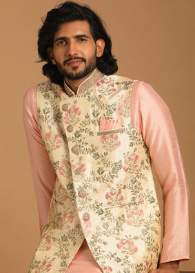 Beige And Pink Floral Kurta Jacket image number 2