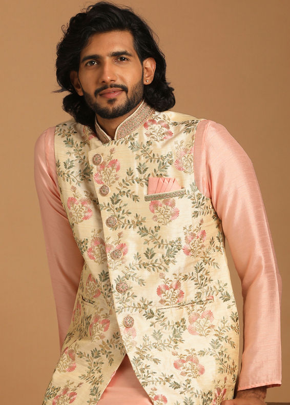 Manyavar Men Beige And Pink Floral Kurta Jacket