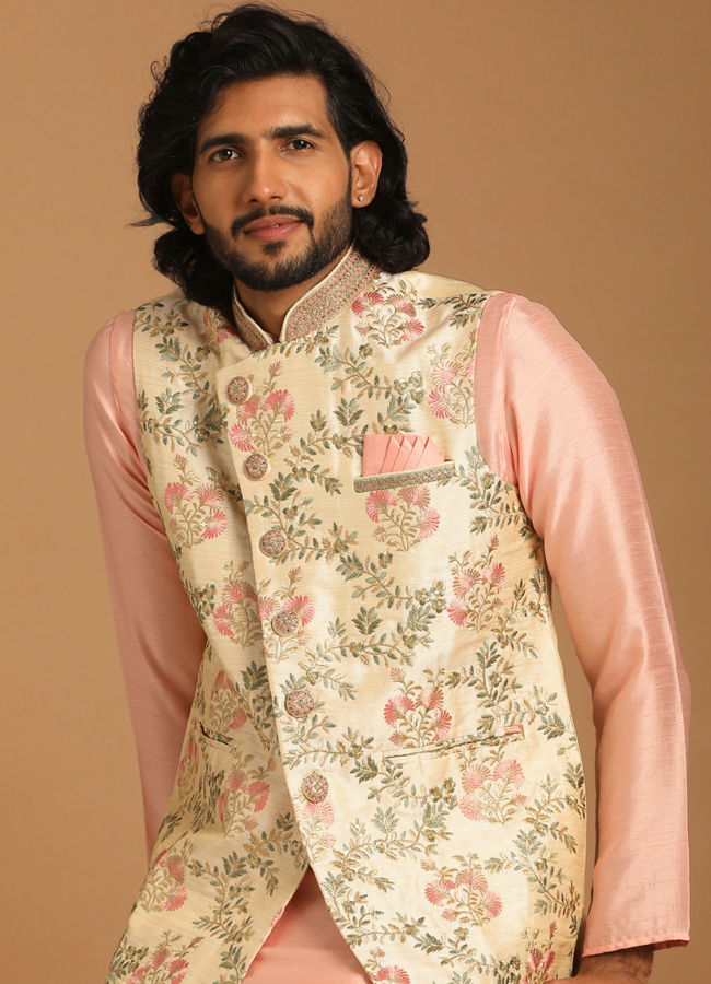 Buy Beige And Pink Floral Kurta Jacket Online in the USA Manyavar Kurta Jacket Set for Men